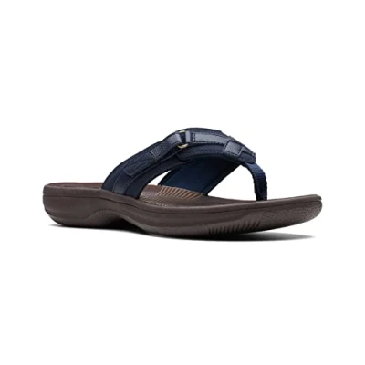 Image of Clarks Women&#039;s Breeze Sea Flip Flop, Navy Synthetic/Brown Sole, 5 UK
