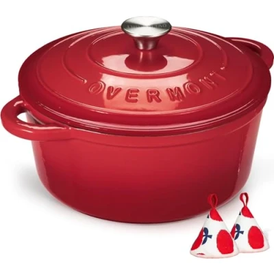 Image of Overmont 5L Enamelled Cast Iron Round Casserole Dish With Lid,26cm, Cookbook Non stick Dutch Oven for Braising, Stews, Roasting, Bread Baking