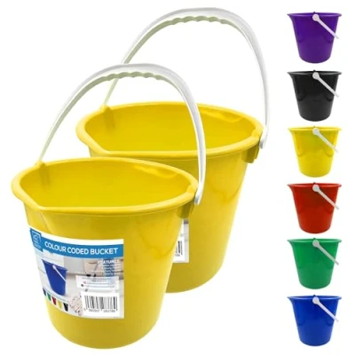 Image of Colour Coded Plastic Bucket with Handle, 2 Gallon (7.5L) Household Heavy Duty Spout and Easy Grip Multipurpose Water for Cleaning, Bath, Gardening (Yellow Pack of 2)