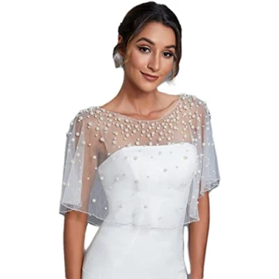 Image of Danlai Bridal Cloak Pearls Wedding Cape Short Shawl Wraps Women Wrap Evening Accessories