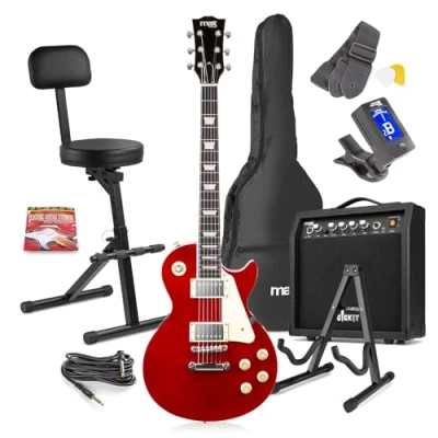 Image of Max GigKit Beginner Electric Guitar Pack, LP Style Dark Red Guitar, 40W Amp, Portable Guitarist Stool with Backrest &amp; Foldable Stand, Complete Starter Set Accessories