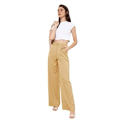 Image of Trendyol Women High Waist Wide Leg Trousers Beige