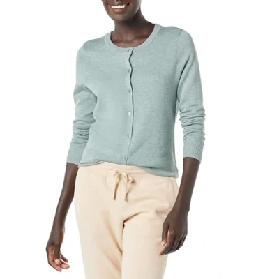 Image of Amazon Essentials Women&#039;s Lightweight Crewneck Cardigan Jumper (Available in Plus Size), Sage Green Heather, XL