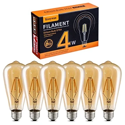 Image of KOOYWAN Vintage Edison Light Bulb LED E27 4W(40W Equivalent) Dimmable Amber Warm 2700K Antique Style Filament ST64 220 240V Pack of 6 [Energy Class A+]