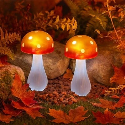 Image of Garden Mile Set of 2 Red Button Mushroom Light Ornament Outside Pathway Lighting Lights Outdoor Durable Solar Powered Waterproof for Patio Yard Flowerbed