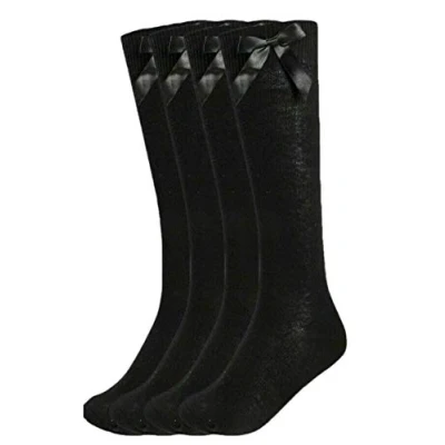Image of 12 Pairs Kids Girls Plain Knee High School Cotton Rich Socks With Bow Ribbon (12 3, Black)