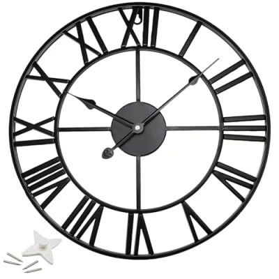 Image of Crystals Outdoor Wall Clock Medium Roman Numerals Indoor Giant Open Face Metal Garden, 60cm (Black)