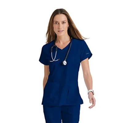 Image of BARCO Grey&#039;s Anatomy Women&#039;s Cora Top, Crossover V Neck Medical Scrub Top w/ 4 Pockets &amp; Tulip Sleeves, Indigo (Navy), M