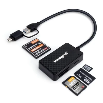 Image of Integral 4 in 1 Memory Card Reader SD, microSD, Compact Flash, Stick Duo &amp; Pro USB 3.2 Gen Type A Cable with C Adapter For PC, laptop, smartphones, iPhone 16, MacBook more