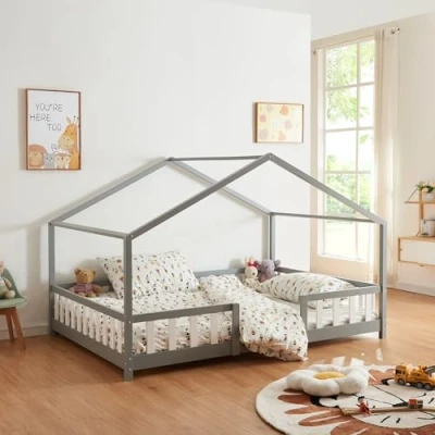 Image of [en.casa] Children&#039;s bed Treviolo House 120 x 200 cm wooden for children with fall out protection frame slatted pine wood grey
