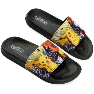 Image of Pokemon Boys Sliders, Beach or Pool Shoes for Kids Gamer Gifts (Black/Orange, 2 UK)