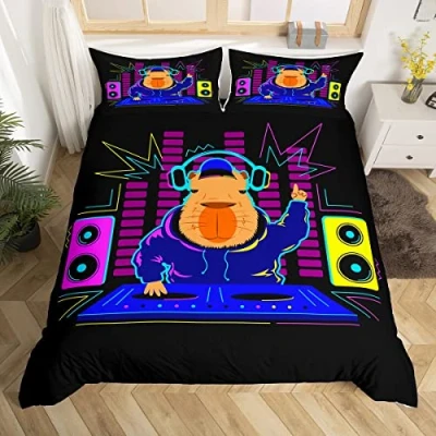 Image of Manfei Cartoon Capybara Duvet Cover Set Single Size, Music Theme Comforter with 1 Pillowcase, South America Animal Bedding 2pcs for Kids Boys Girls Bedroom Decor Lightweight Bedspread