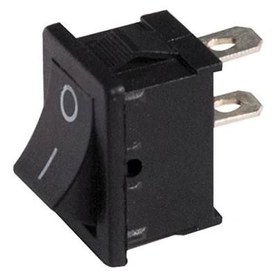 Image of Single pole rocker switch SPST ON OFF with black button and faston terminals 4.8mm, mounting hole 19x13mm, 250V 6A