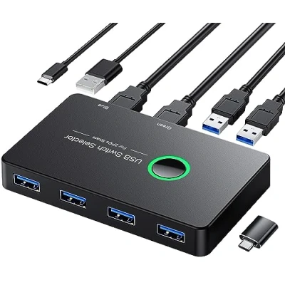 Image of USB 3.0 Switch, ULXUUUN 2 Computers Share 4 Port KVM Switcher for PC Mouse Keyboard Printer Scanner Compatible with Windows, macOS