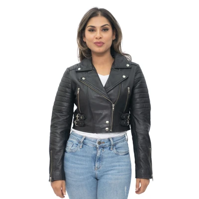 Image of Ladies Cropped Jacket Short Body Gothic Top BLACK Chic Biker REAL LEATHER M