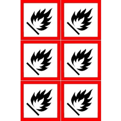 Image of Highly flammable coshh symbol Safety sign Pack of 6 100mm x Self adhesive stickers on sheet (300mm 200mm)