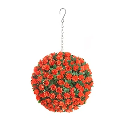 Image of Best Artificial 23cm Rose Topiary Hanging Flower Ball **UV Fade Protected** (Orange)