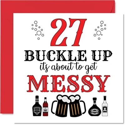 Image of Fun 27th Birthday Cards for Men Woman Buckle Up Happy Card Son Daughter Brother Sister Uncle Auntie Niece Nephew Cousin, 145mm x Greeting Cards, Joke