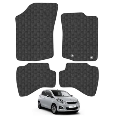 Image of Rubber Car Mats Compatible with Peugeot 108 (2014 2021) [Round Clip] Tailored Fit Floor Set Accessory Black Custom 4 Pieces Clips Anti Slip Backing, Heavy Duty &amp; Waterproof
