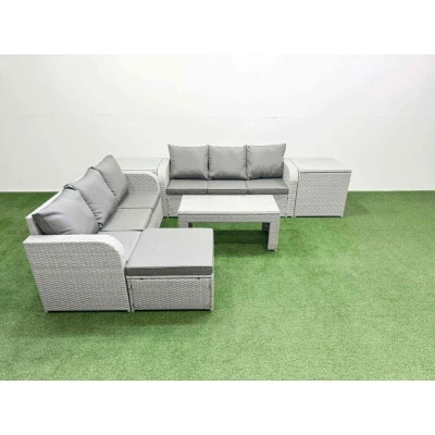 Image of Outdoor Garden Furniture Sets 7 Seater Wicker Rattan Sofa with Oblong Coffee Table high Back Lounge Big Footstool 2 Side