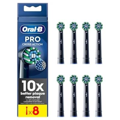 Image of Oral B Pro Cross Action Electric Toothbrush Head, X Shape and Angled Bristles for Deeper Plaque Removal, Pack of 8 Heads, Black