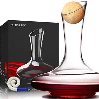 Image of NUTRIUPS Crsytal Hand Blown Wine Decanter, 1.8L Large Red Carafe, Decanter for Wine, Lead Free Decanters, Aerating with Wide Base (Stopper and Brush)