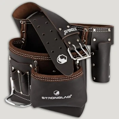 Image of STRONGLAD 5 Pocket Single Side brown Oil Tanned Leather Tool Belt Pouch Work/Apron for Carpenter and Builders Toolbelt Construction,