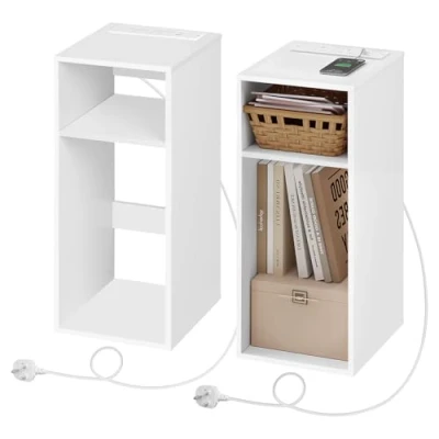 Image of WOLTU Set of 2 Bedside Table, Nightstand with Charging Station Sockets and USB Ports, White Side Table Open Compartments, Narrow for Living Room Bedroom, 25x30x60cm, NTS06ws
