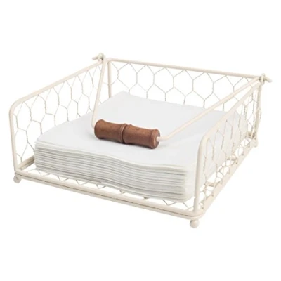 Image of T&amp;G Provence Wireware Napkin Holder with Aged Wooden Handle, Cream, 18.6 x 8.7 cm