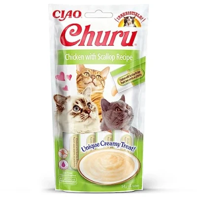 Image of Ciao Churu Sticks by INABA Cat Treat Chicken &amp; Scallop Flavour (4 x 14g) / Soft Creamy Treat, Delicious Healthy Snack, Purée Food Topper, Pill Assist, Natural, Grain Free