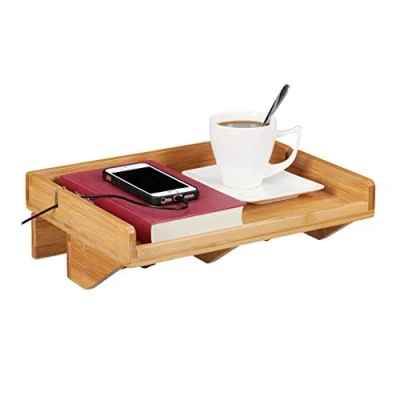 Image of Relaxdays Bed Shelf, Mini Clip On Bedside Table, Made of Bamboo, Space Saving, Cable Slots, Shelf BT 33 x 24 9 cm, Natural