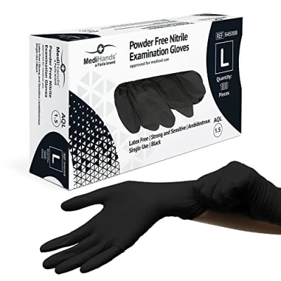 Image of Farla Medical MediHands Disposable Large Nitrile Gloves Powder Free and Latex Surgical Multi Purpose, Single Use Box of 100, Black