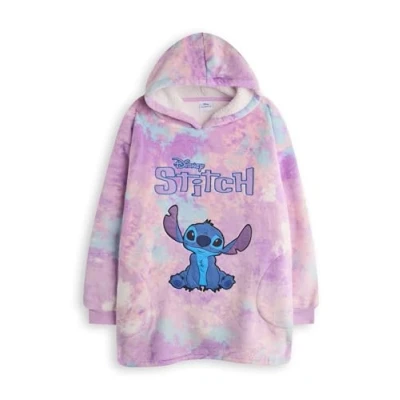 Image of Disney Lilo &amp; Stitch Girls Wearable Blanket Hoodie Kids Multicoloured Hooded Sherpa Fleece Pullover Childrens Lined Character Loungewear with Pockets Animation Movie Merchandise