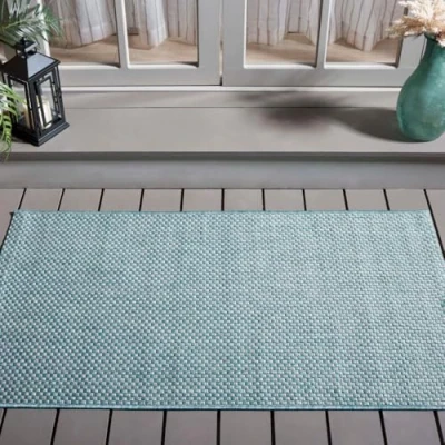 Image of SAFAVIEH Contemporary Rug for Indoor &amp; Outdoor Courtyard Collection, Short Pile, in Aqua and Grey color, 79 X 152 cm