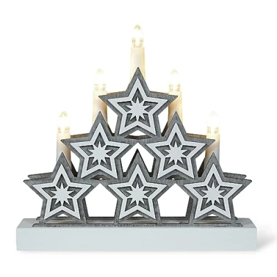 Image of St Helens Home &amp; Garden Xmas Haus Natural Festive Wood LED Light Up Christmas 5 Candle Bridge Arch Decoration With Stars Battery Operated