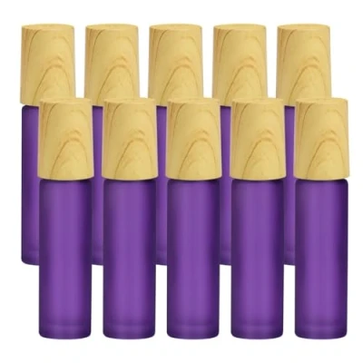 Image of Frosted Glass Essential Oil Roller Bottles, 10pcs Purple Bottles with wood grain cap &amp; Stainless Steel Balls Oil, 10ml Empty Perfume Bottles(Purple)