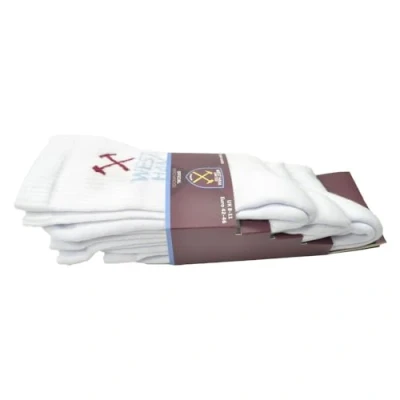 Image of 3 PACK WEST HAM UNITED F.C. CREST ADULT WHITE SPORTS SOCKS SHOE SIZE UK 8 11