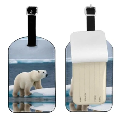 Image of Suitcase Luggage Tag with Polar Bear Print, Leather Tags, Privacy Name, Address Labels