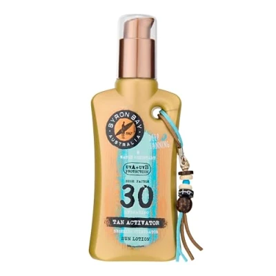 Image of Byron Bay Australia SPF 30 Sun Lotion Spray Bronzing &amp; Tan Activator For A Deeper Anti Aging UVA UVB Protection, Non Greasy, Water Resistant, No White Marks, Reef Safe Summer Fragrance 200ml