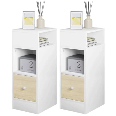 Image of eSituro Set of 2 Narrow Bedside Tables with Open Compartments 1 Drawer, Slim Nightstand 25x30x66 cm, Space Saving Cabinet Night Table for Bedroom Living Room, Wooden, SBT0006