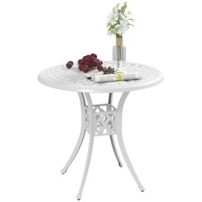 Image of Outsunny 78 cm Round Garden Dining Table with Parasol Hole Antique Cast Aluminium Outdoor Only, White