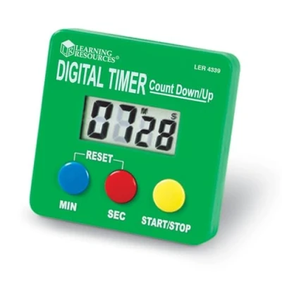 Image of Learning Resources LER4339 Digital Timer, Count Down/Up, Displays Seconds/Minutes, Easy to use, Ages 5, 15.24 x 11.43 3.81 cm, Assorted color, Requires 1 AAA Battery (Included)