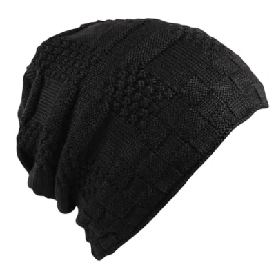 Image of Itzu Unisex Slouch Beanie Waffle Knit Winter Hat Warm Soft Thick Faux Fur Fleece Lining Mens Womens in Black (Waffle)