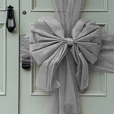 Image of Oaktree Uk Large Luxury Christmas Door Window Bow 5 Colours Xmas Baby Shower Wedding (Silver Glitter)
