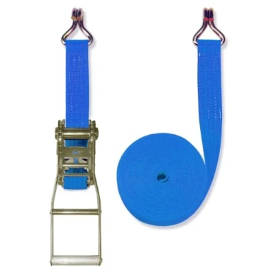 Image of Braun Tensioning Strap 4000 daN Two Piece Set 8 m Long / 50 mm Wide with Lever Ratchet and Claw Hooks Blue
