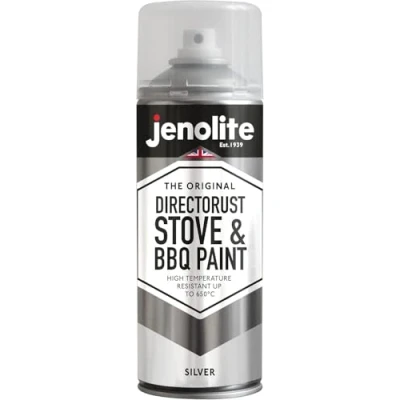 Image of JENOLITE Directorust BBQ &amp; Stove Spray Paint SILVER 400ml Very High Temperature Up to 650C Barbecue Paint, Chimineas, Wood Burner, Automotive, Fire Screens Surrounds