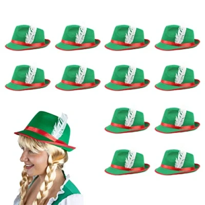 Image of Adults Oktoberfest Hat Pack of 12 Green &amp; Red Bavarian with Feather Detail German Tyrolean Fancy Dress Accessory