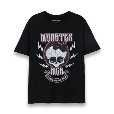 Image of Monster High Womens T Shirt Ladies Rock Logo Short Sleeve Graphic Tee in Black World Ghoul Tour 2018 Classic TV Show Apparel Top Fashion Cartoon Series Merchandise Gift