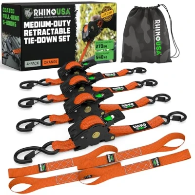 Image of Rhino USA Retractable Ratchet Tie Down Straps (4PK) 540kg Guaranteed Max Break Strength, Includes (4) Ultimate 2.5 cm x 3m Autoretract Downs with Padded Handles Orange