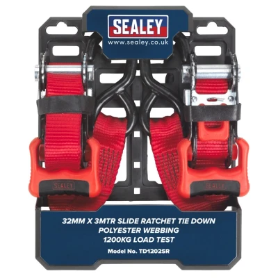 Image of Sealey Slide Ratchet Tie Down 32mm x 3m Polyester Webbing with S Hooks 1200kg Breaking Strength